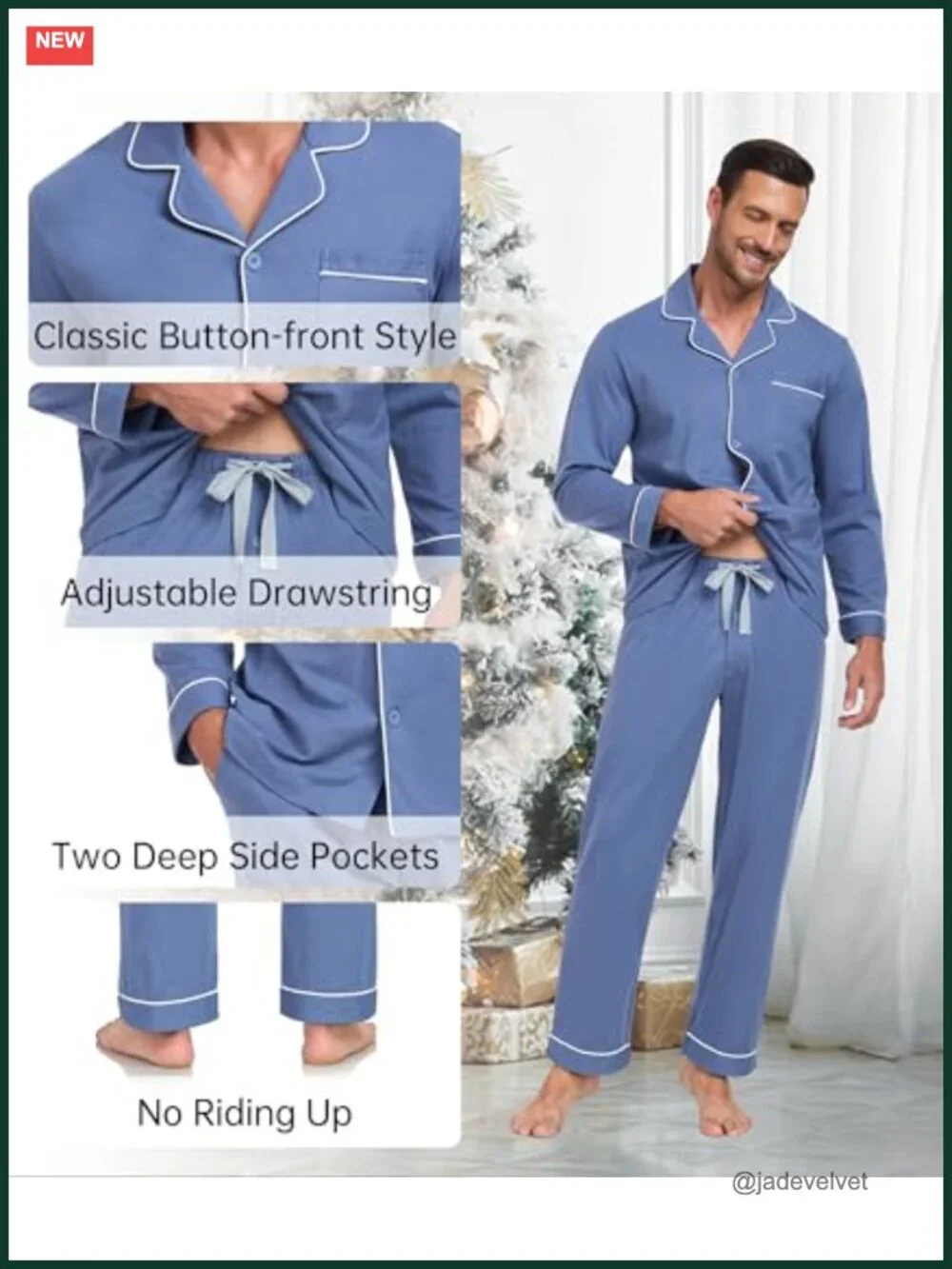 100% Cotton Men's Pajama Set Long Sleeve Sleepwear V-Neck Button Down with